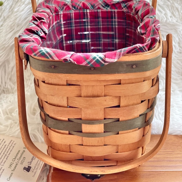 Vtg Longaberger Seasons Greetings Basket w/Liner Protector 1992 Christmas green - Picture 12 of 16